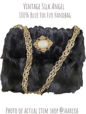 Vintage Silk Angel Blue Fox Fur Black Handbag Golden Chain Strap Shoulder Bag